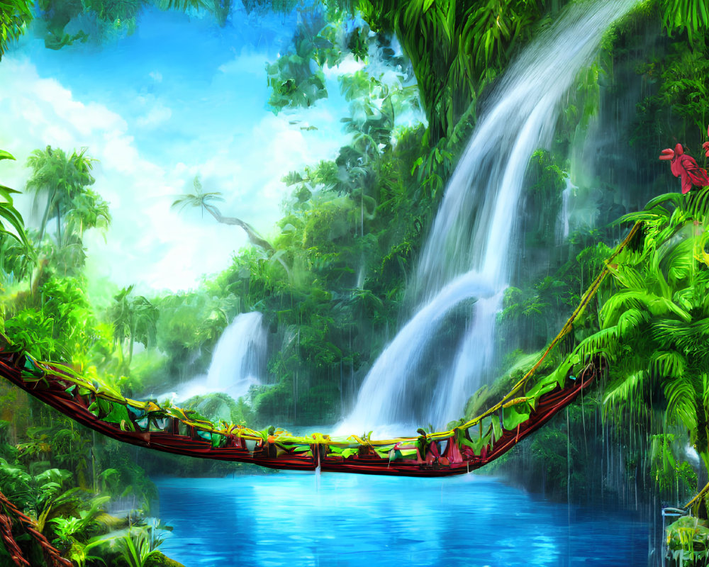 Tropical waterfall with hanging bridge, red flowers, and blue pond