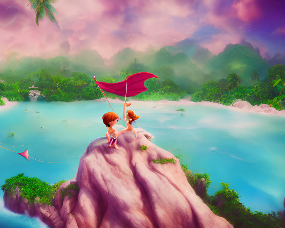 Animated children with red flag on cliff in vibrant fantasy landscape