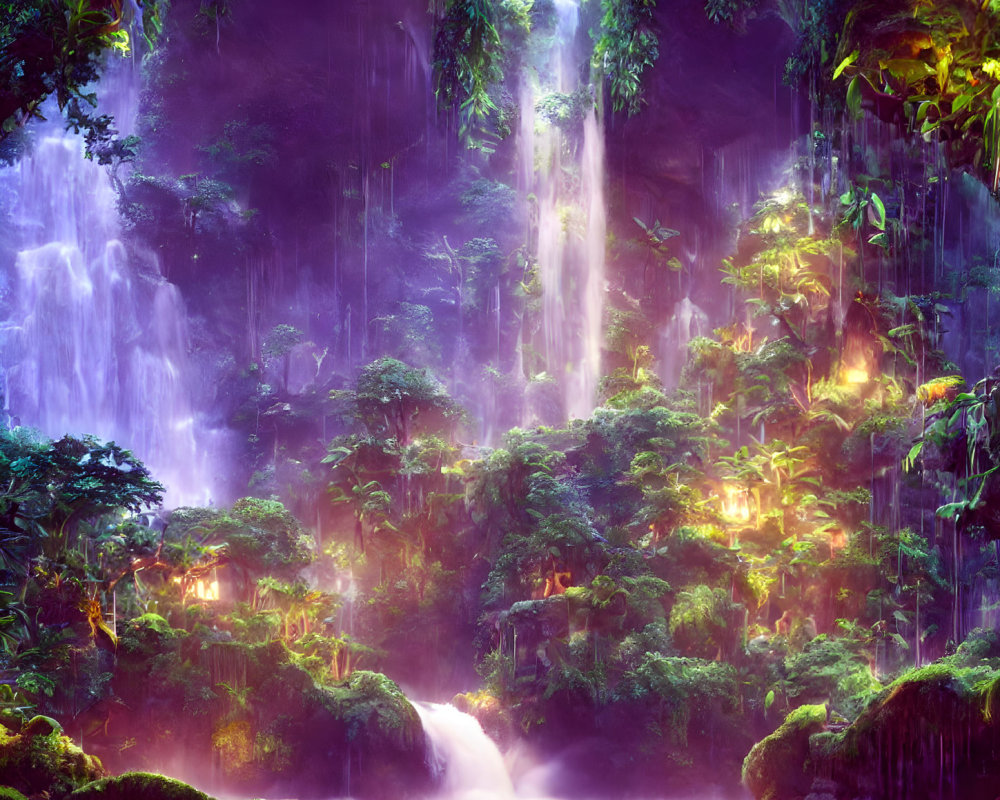 Ethereal forest scene with mystical waterfall and serene blue glow