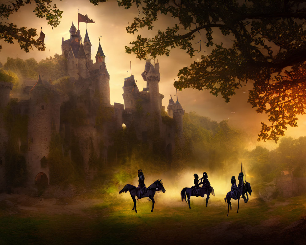 Mystical sunset backdrop with silhouetted knights on horseback and ancient castle