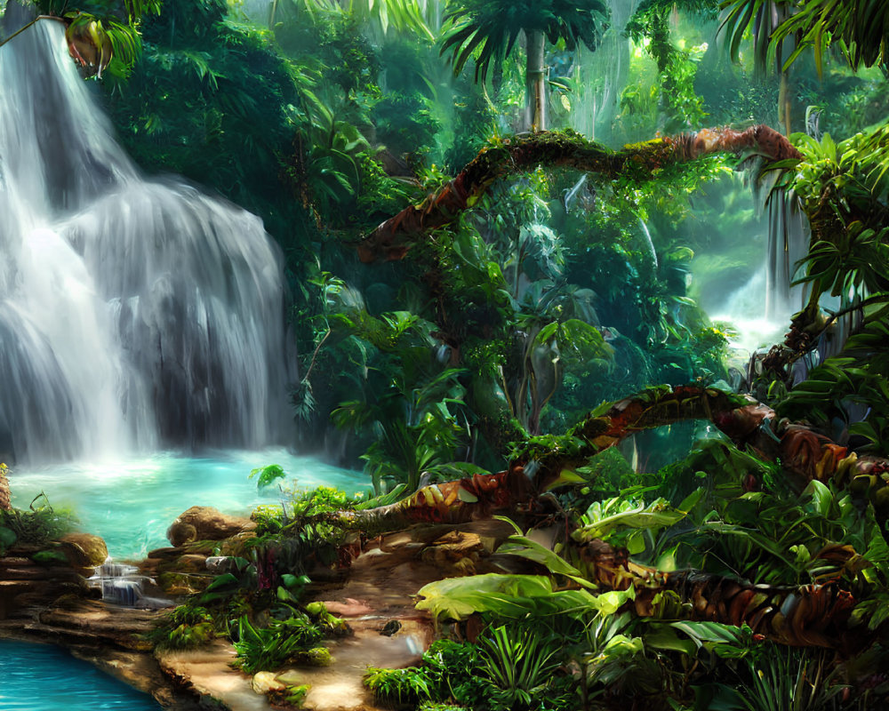 Serene forest scene: lush greenery, waterfalls, vibrant plants, and tranquil blue pond