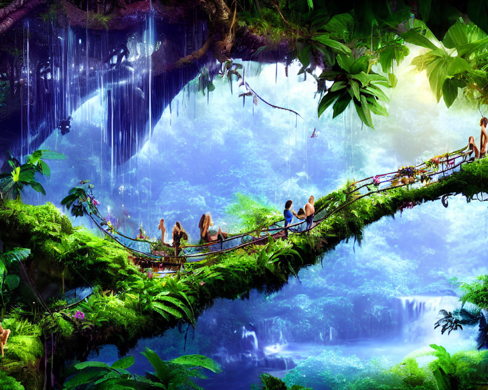 Tropical jungle scene with waterfall, bridge, and lush greenery