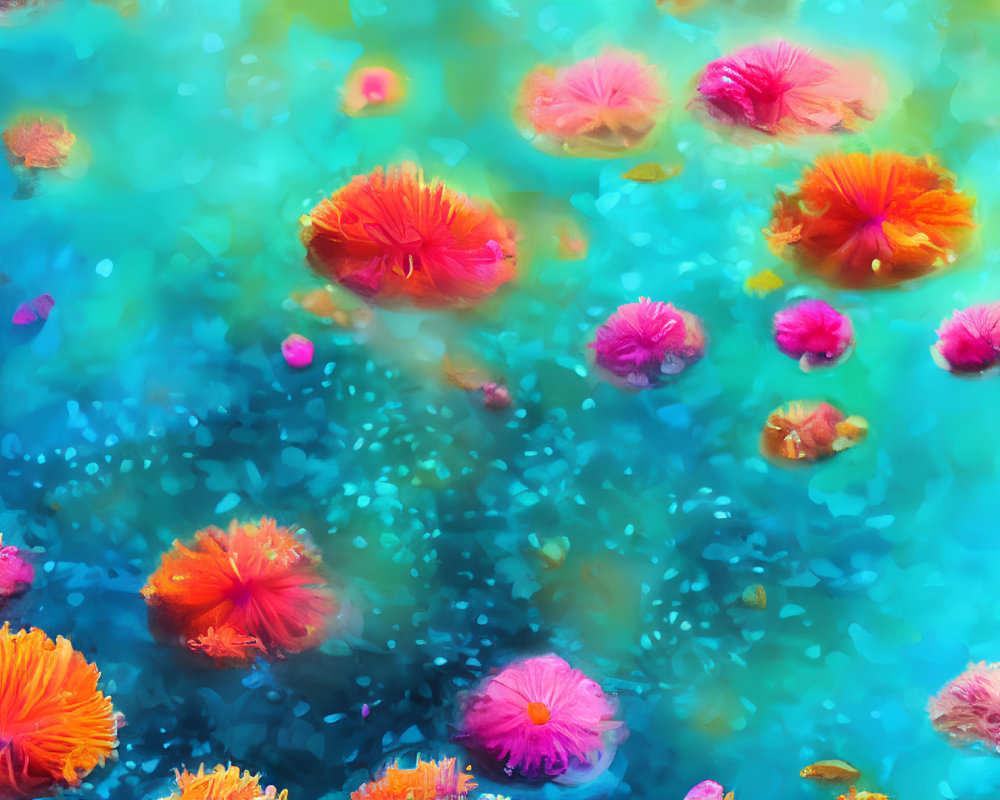 Colorful Orange and Pink Sea Anemones in Blue-Green Water