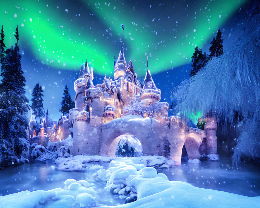 Snowy landscape with fairytale castle under aurora-filled sky