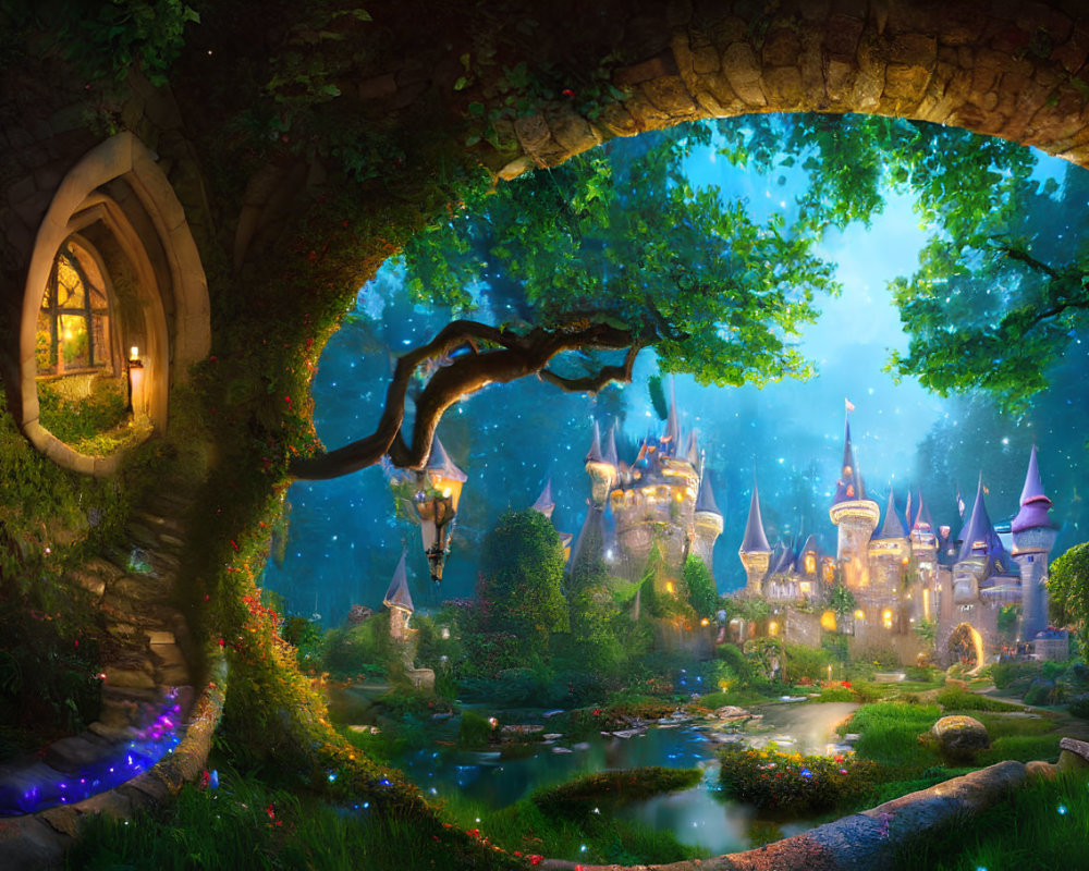 Fantasy landscape at dusk: glowing castle, stone bridge, lit window