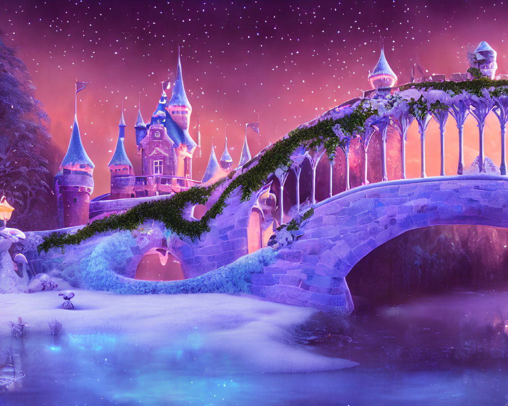 Enchanting fairytale castle scene with snowy bridge and starry sky