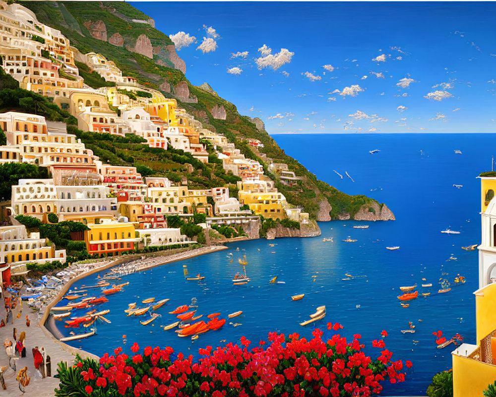 Scenic coastal town with colorful buildings, people, boats, and blue sky