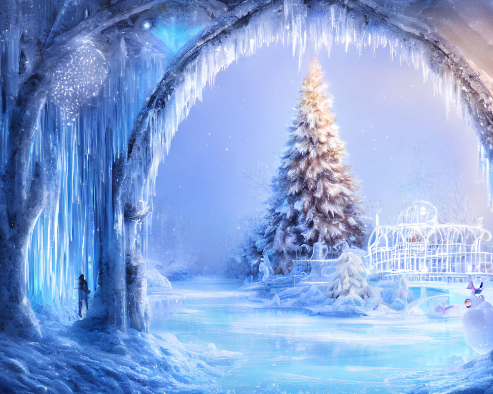 Frozen river, ice-covered trees, icicles, Christmas tree, snowman, and gazebo in