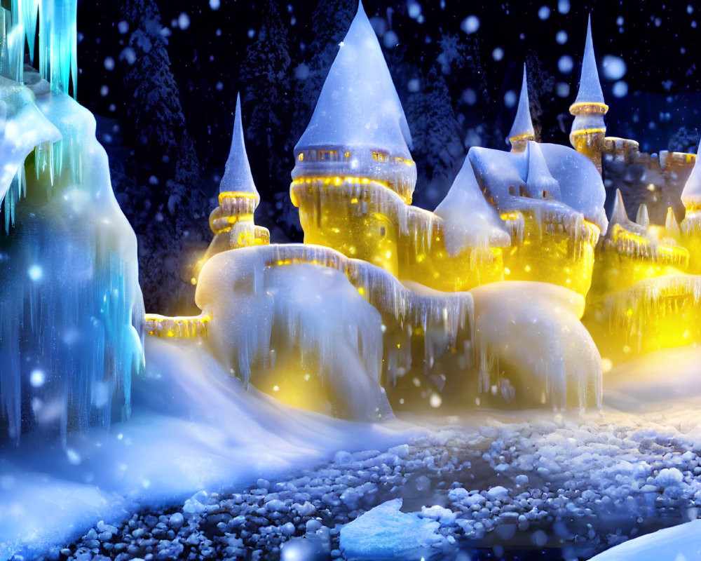 Enchanting Winter Scene: Fairy-Tale Buildings in Snowy Night Landscape