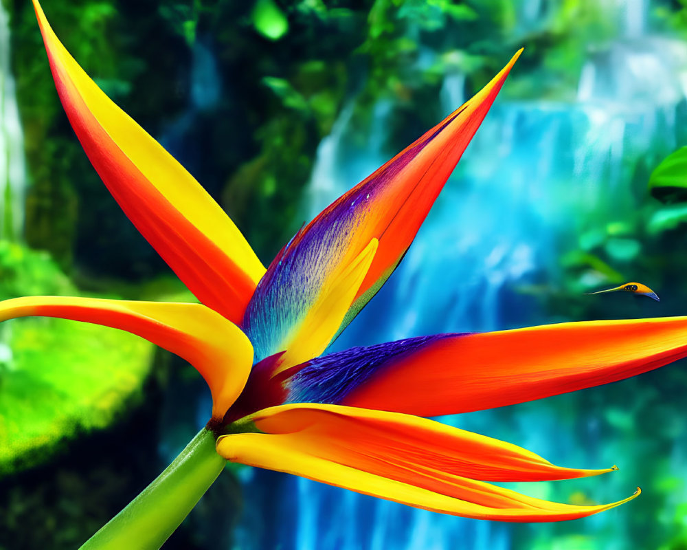 Colorful Bird of Paradise Flower with Orange, Blue, and Purple Hues on Waterfall Backdrop