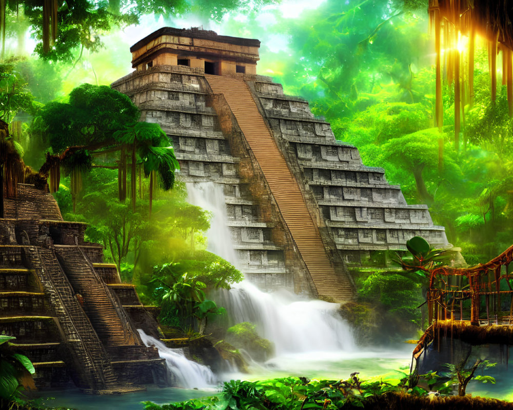 Ancient pyramid in lush green jungle with waterfall and bamboo bridge