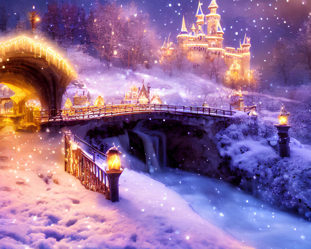 Snowy Night Scene: Illuminated Bridge, Cozy Village, Enchanting Castle