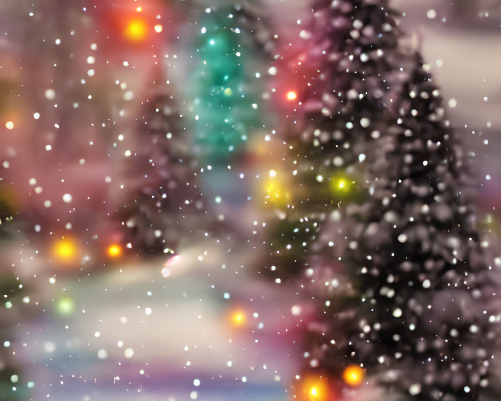 Snow-covered pine trees with blurred Christmas lights