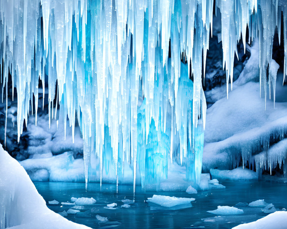 Frozen ice cave with blue icicles, snow, and floating ice chunks.