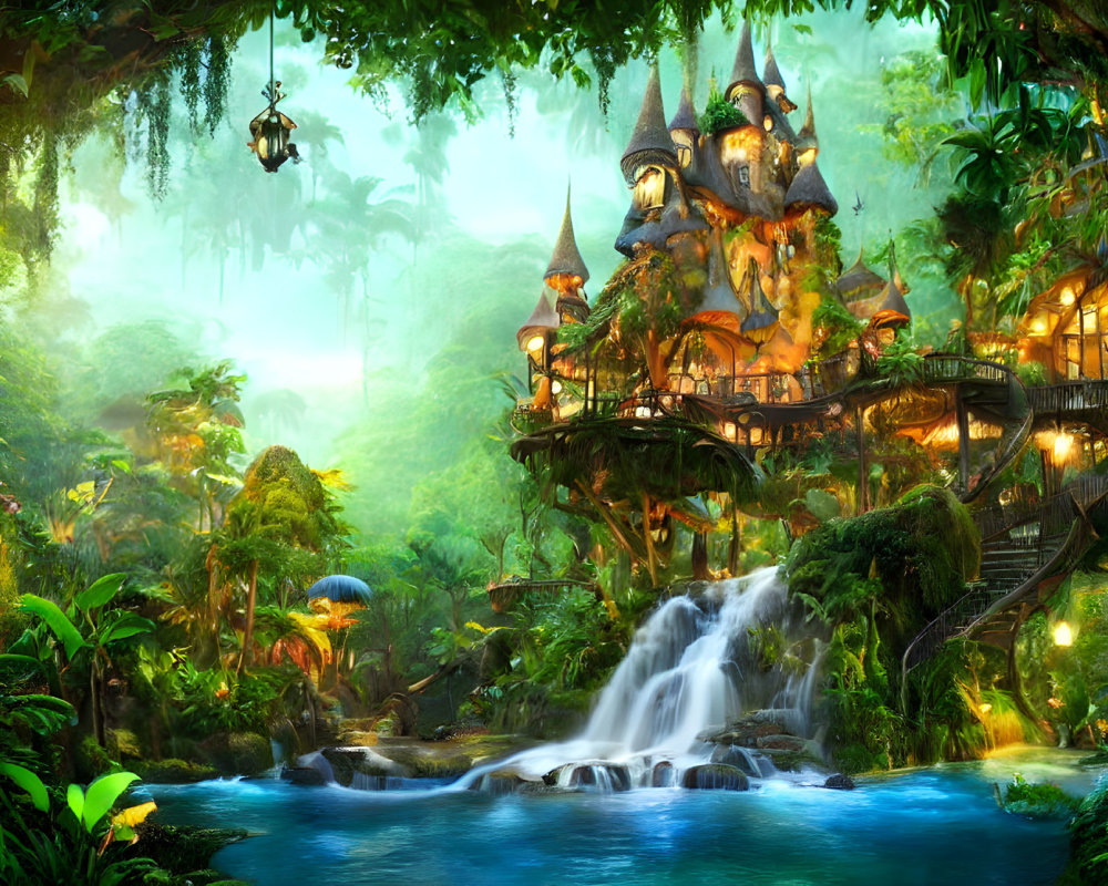 Whimsical treehouse village in fantasy forest with waterfall