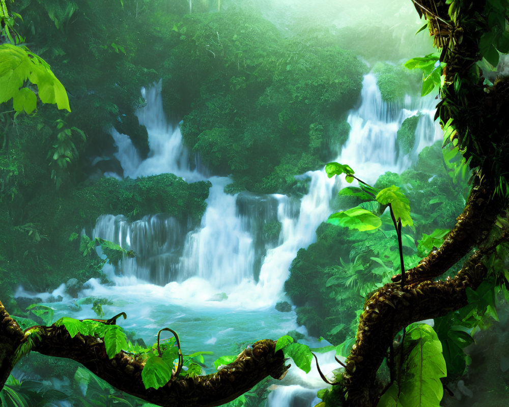 Verdant forest with mist-covered waterfalls and lush foliage