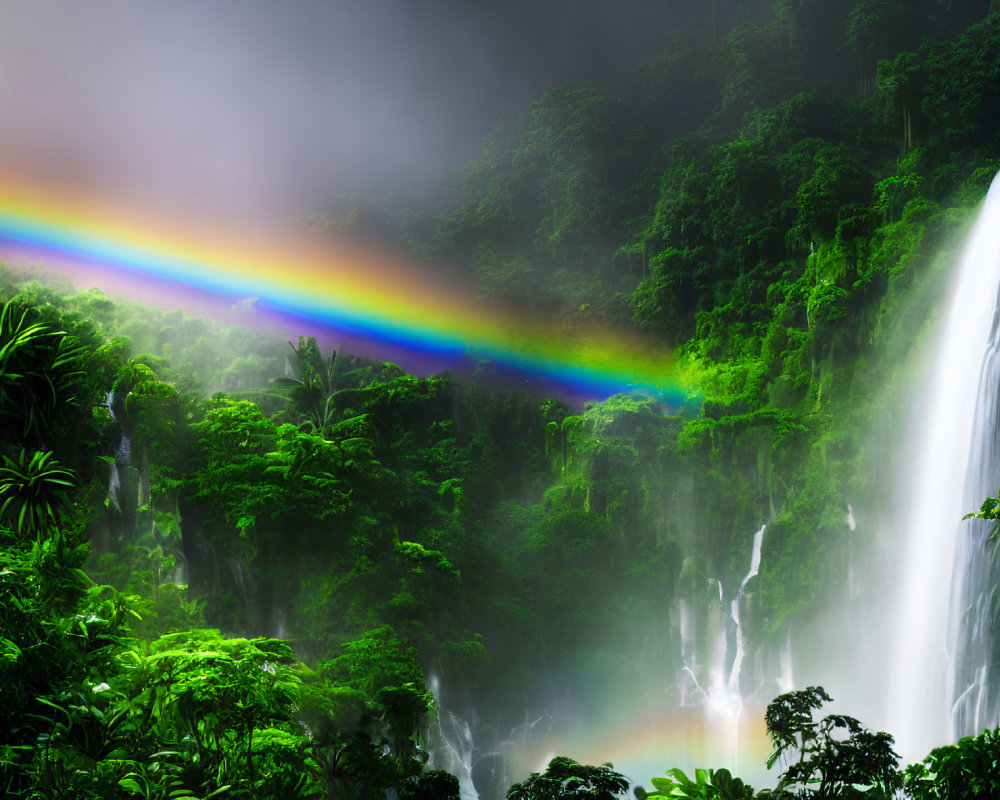 Vivid Rainbow Over Lush Jungle Waterfall