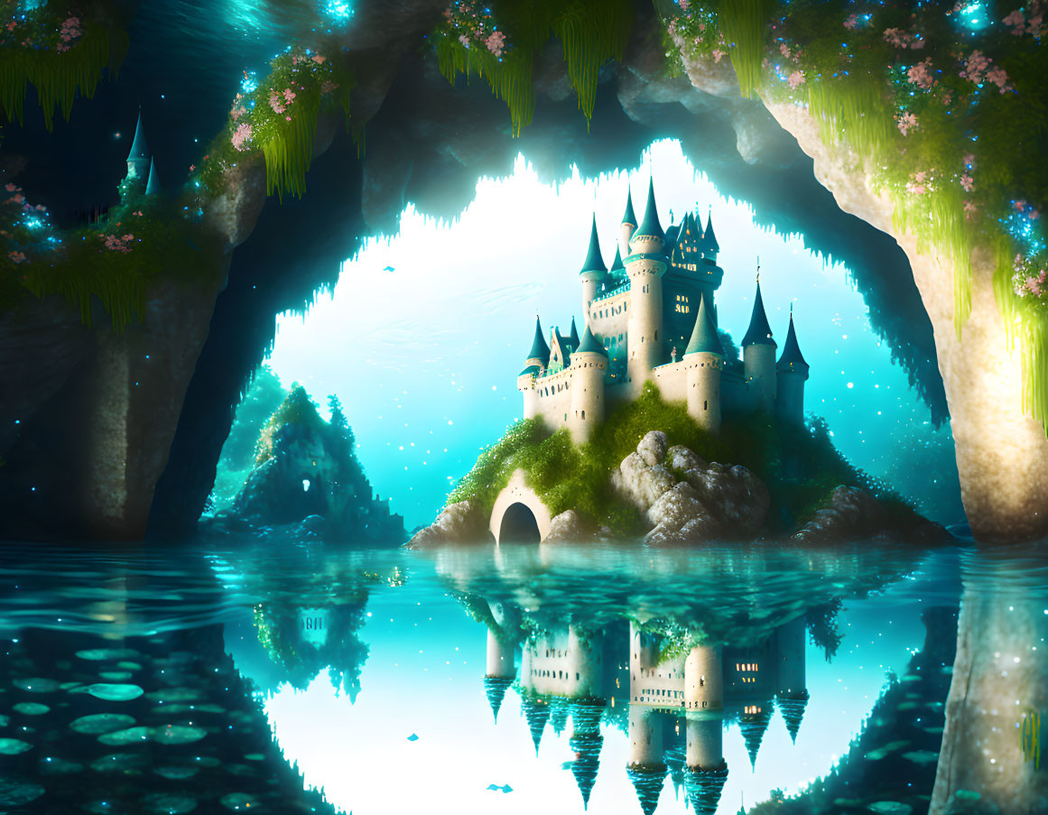 Enchanting castle with spires in lush cave oasis.