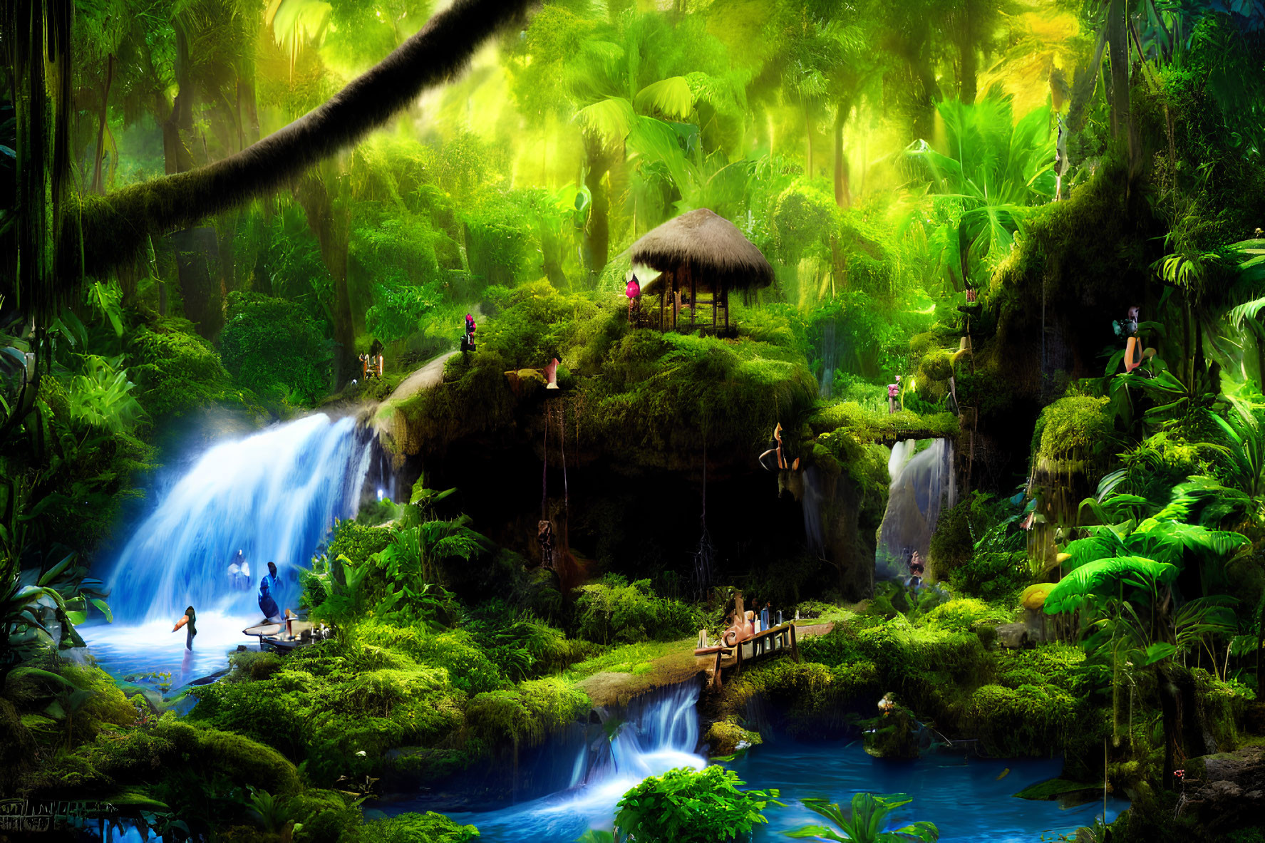 Lush jungle with waterfalls, greenery, and people in various activities