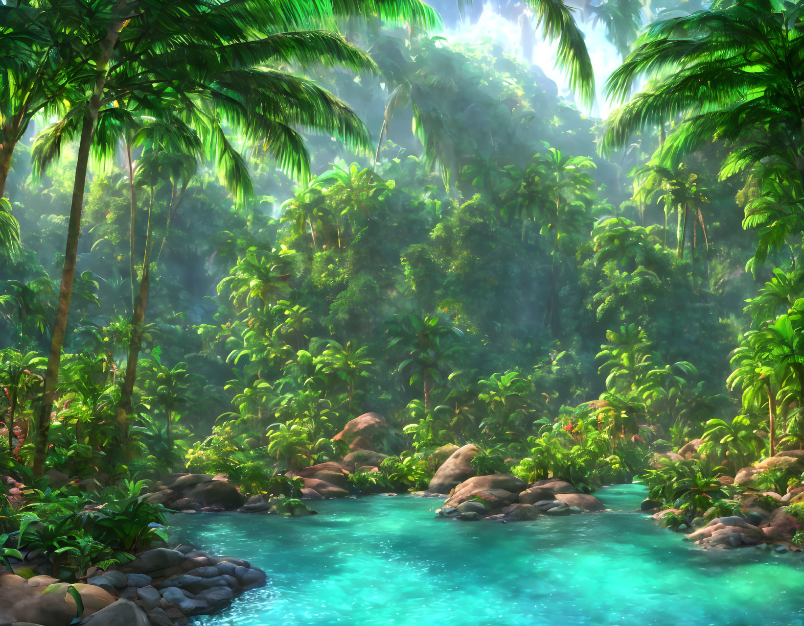 Tropical Jungle Scene with Palm Trees and Blue Stream