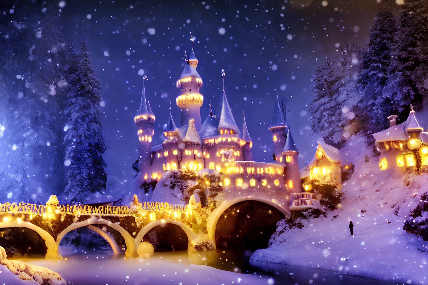 Snowy Night Scene: Illuminated Castle, River Bridge, and Lone Figure