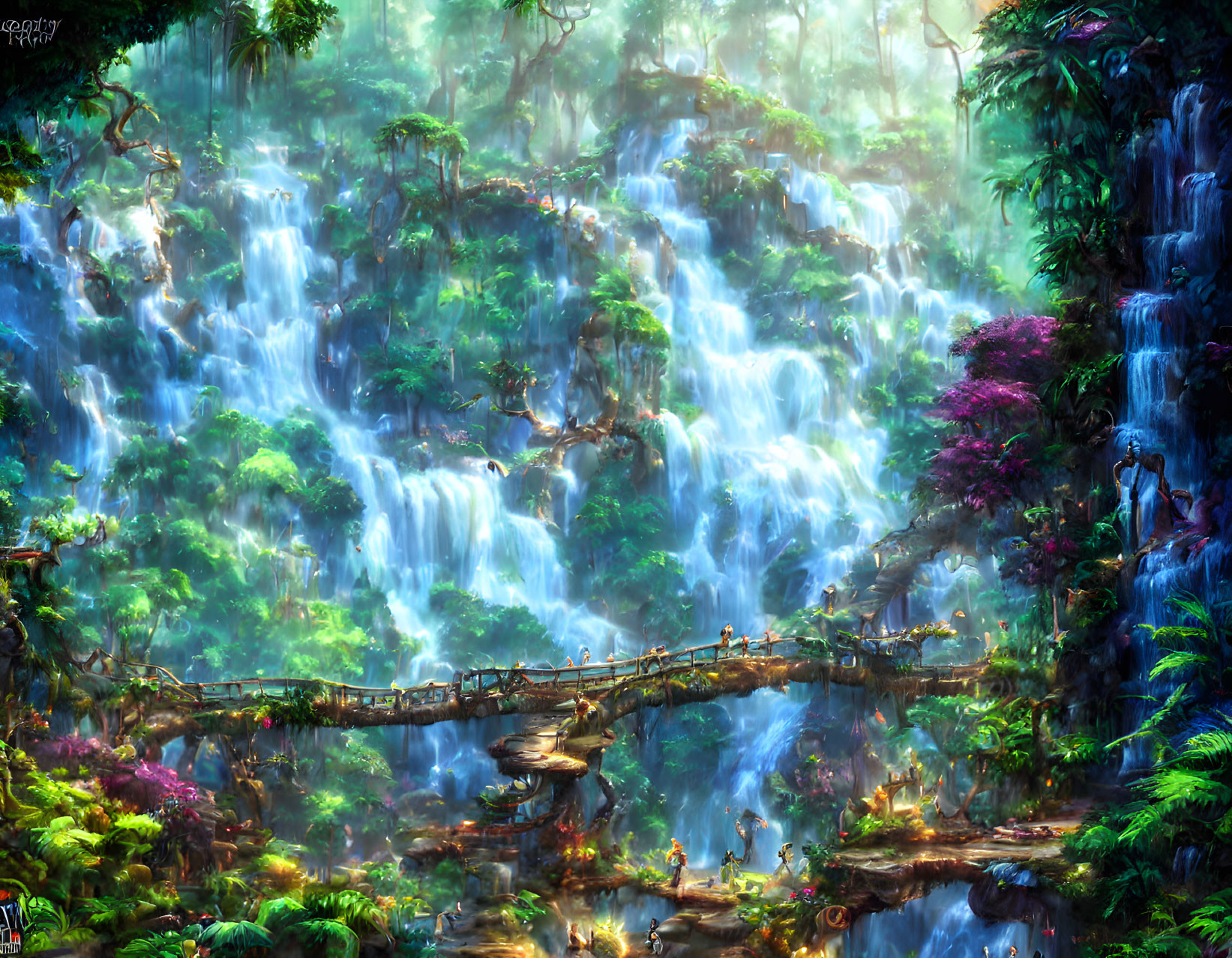 Vibrant fantasy jungle with waterfalls, wooden bridge, and lush flora