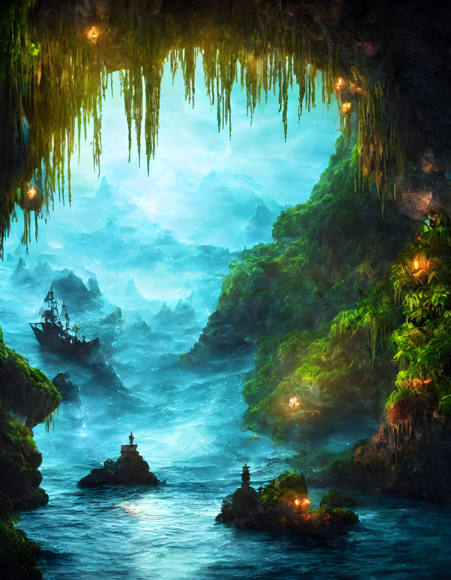 Mysterious Cave with Glowing Lanterns and Ship in Turbulent Waters