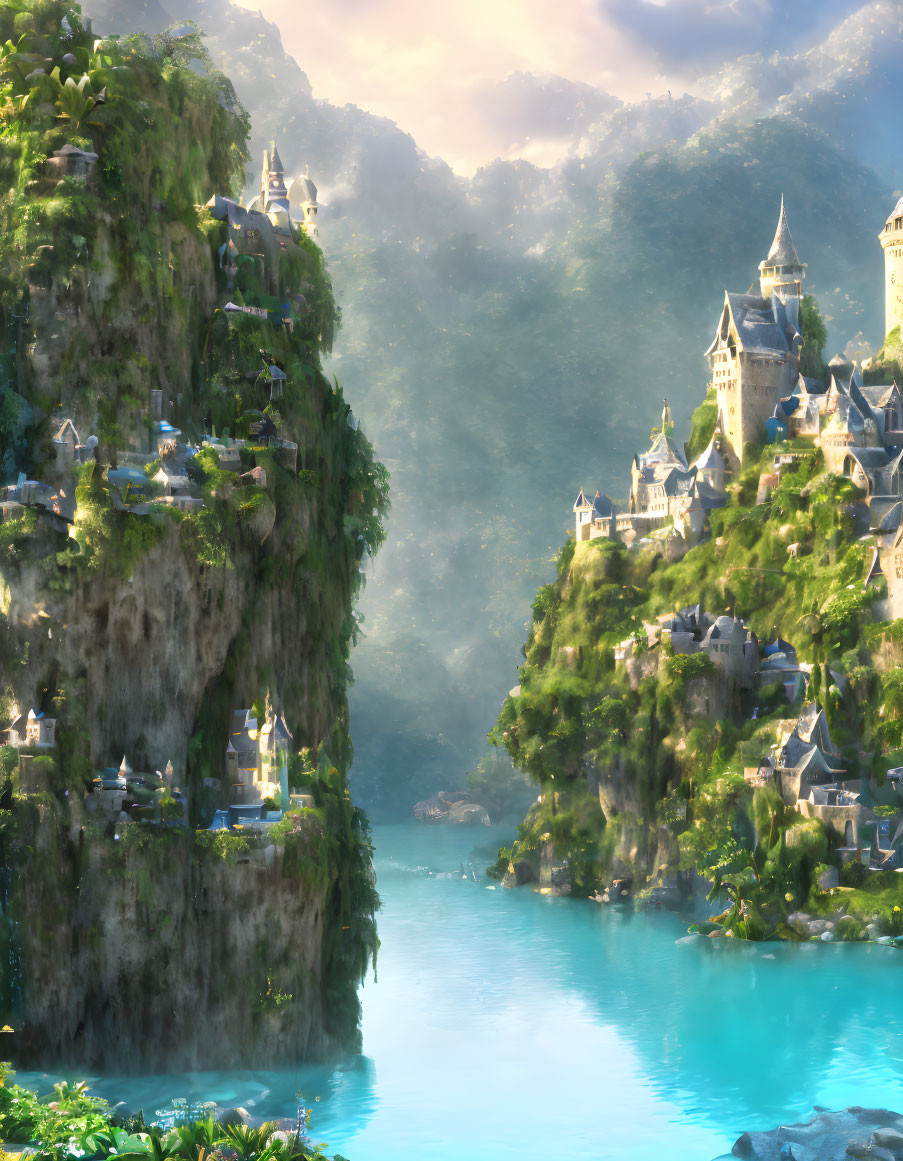 Fantasy landscape with castles on lush cliff islands by serene river.