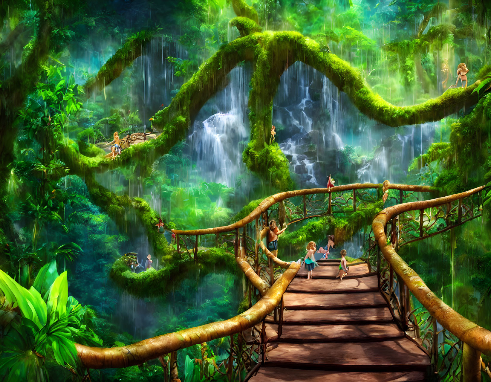 Enchanted forest with wooden bridge, waterfalls, lush greenery & children playing