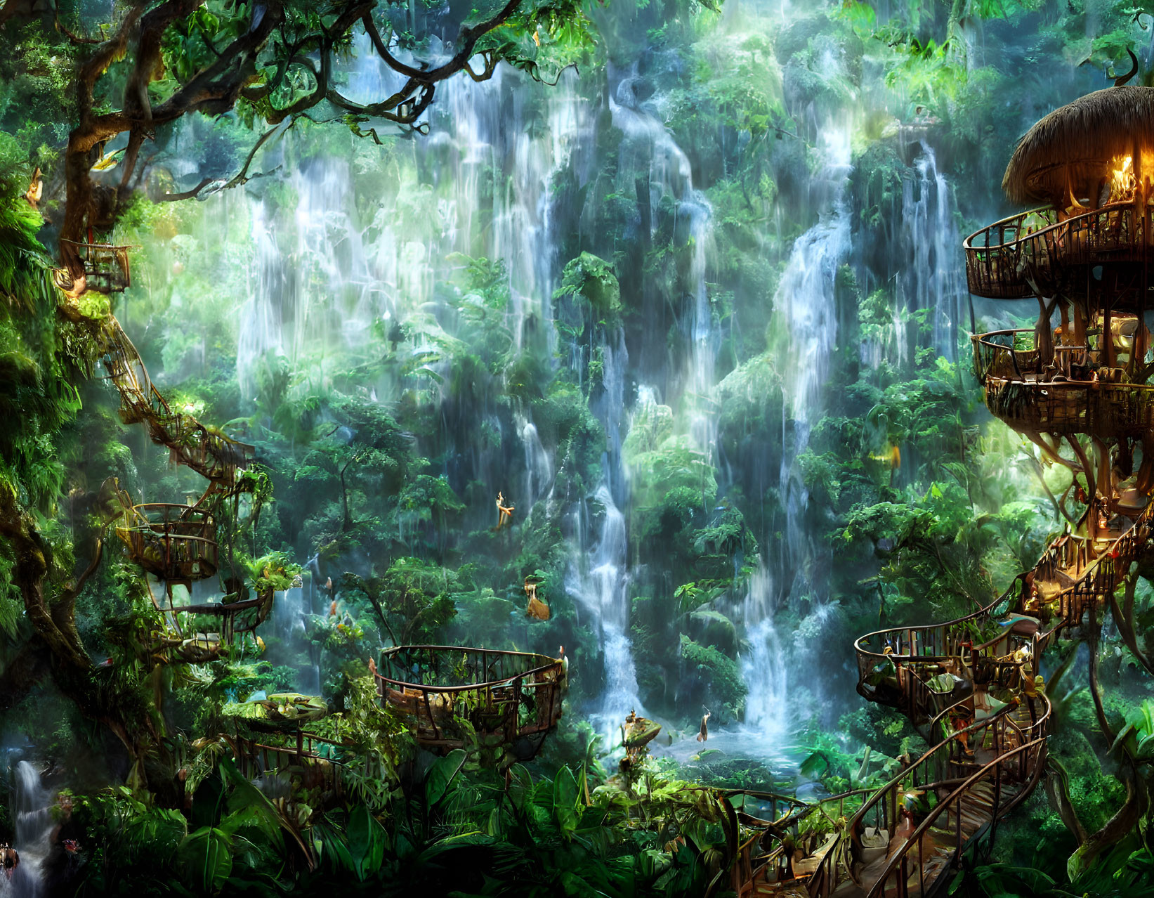 Mystical Jungle with Waterfalls and Treehouses