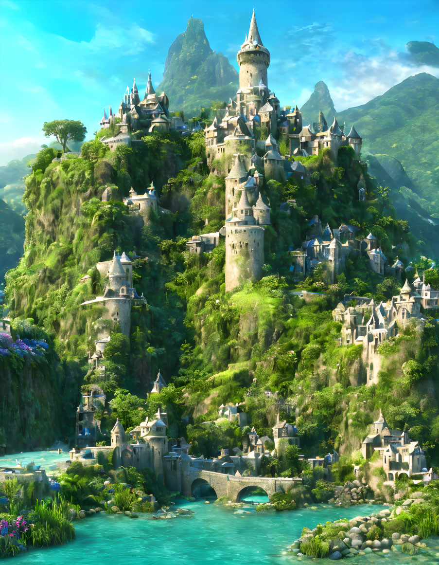 Fairytale castle with multiple spires on lush green cliffs above a clear blue river