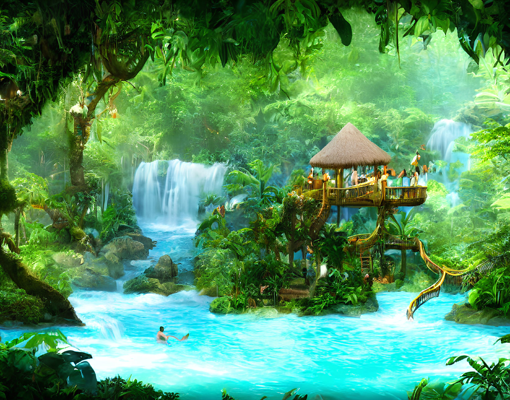 Tropical paradise with thatched hut, waterfalls, river, and swimmer