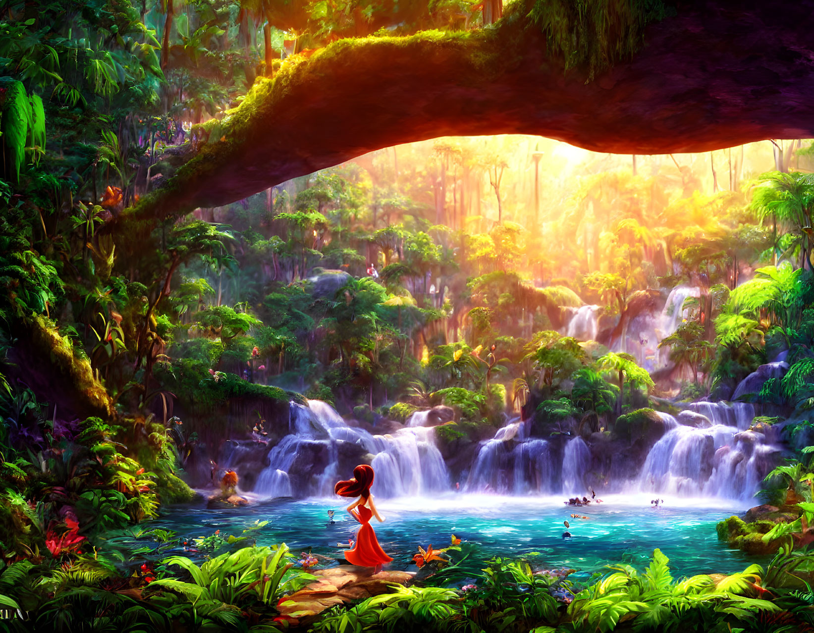 Person in red by serene pond in lush tropical forest with waterfalls