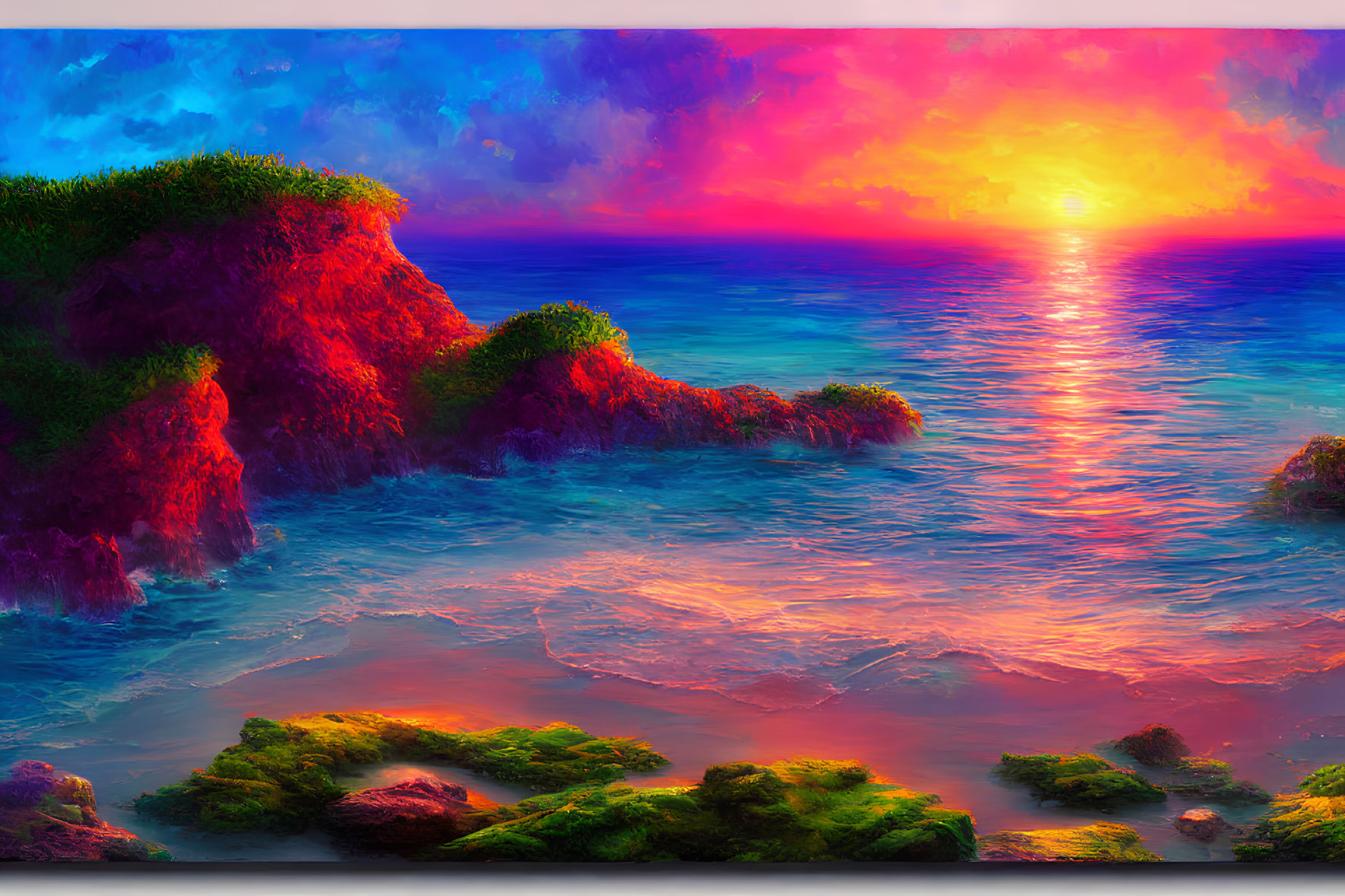 Colorful Sunset Artwork with Ocean Reflections & Lush Greenery