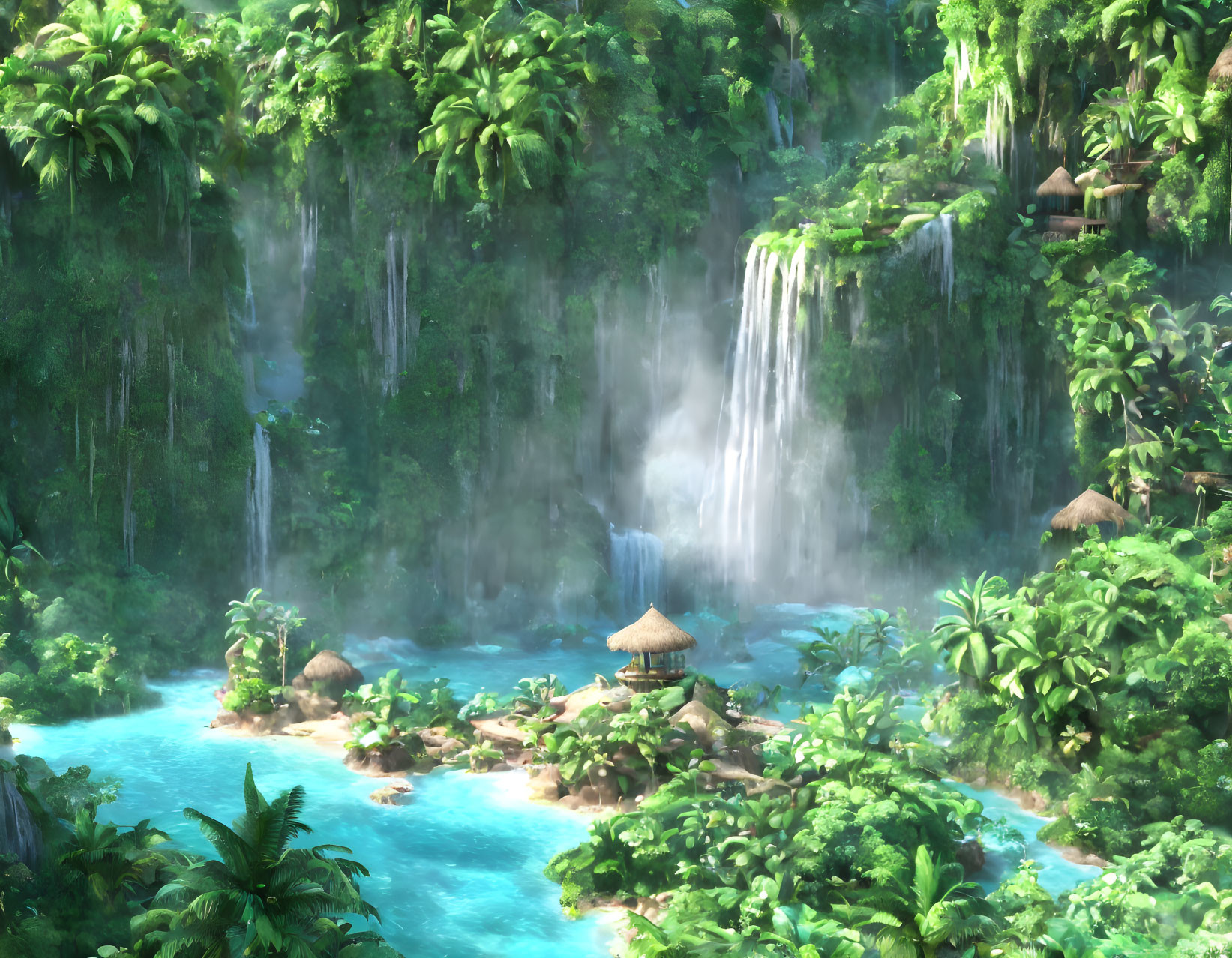 Tropical paradise: lush greenery, waterfalls, lagoon, hut