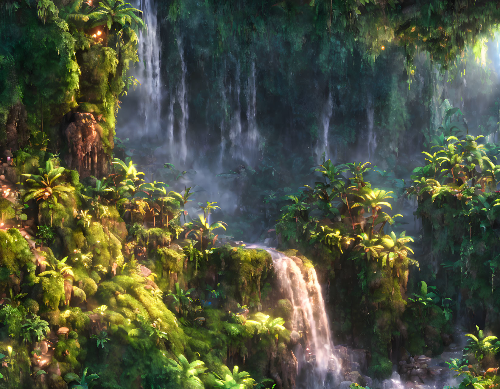 Serene forest scene with moss-covered rocks and waterfalls