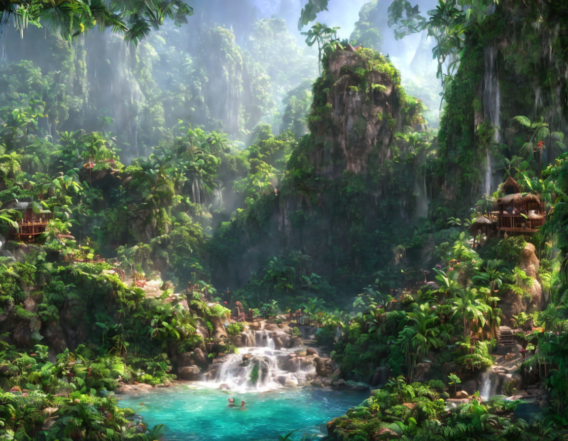 Tranquil Jungle Scene with Waterfalls, Blue Pool, and Wooden Huts