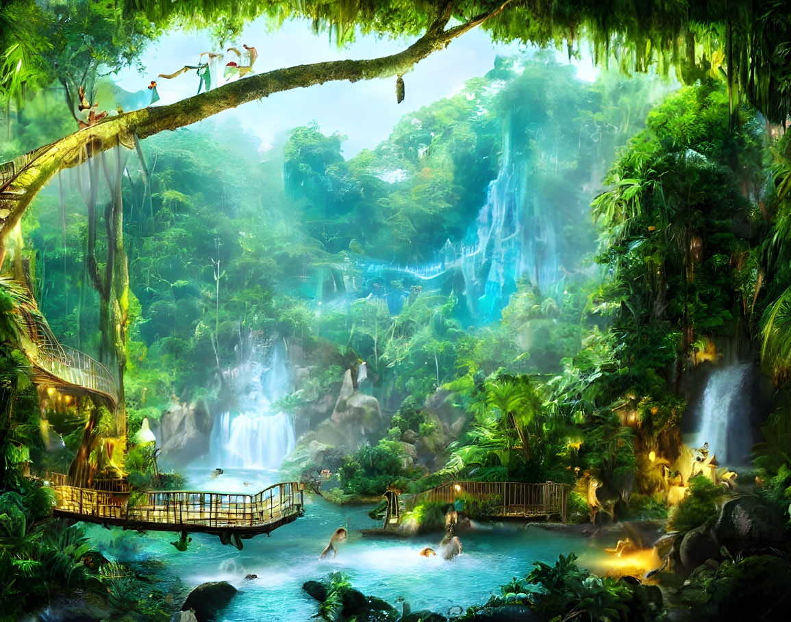 Tropical jungle with waterfalls, hanging bridges, and lush green foliage