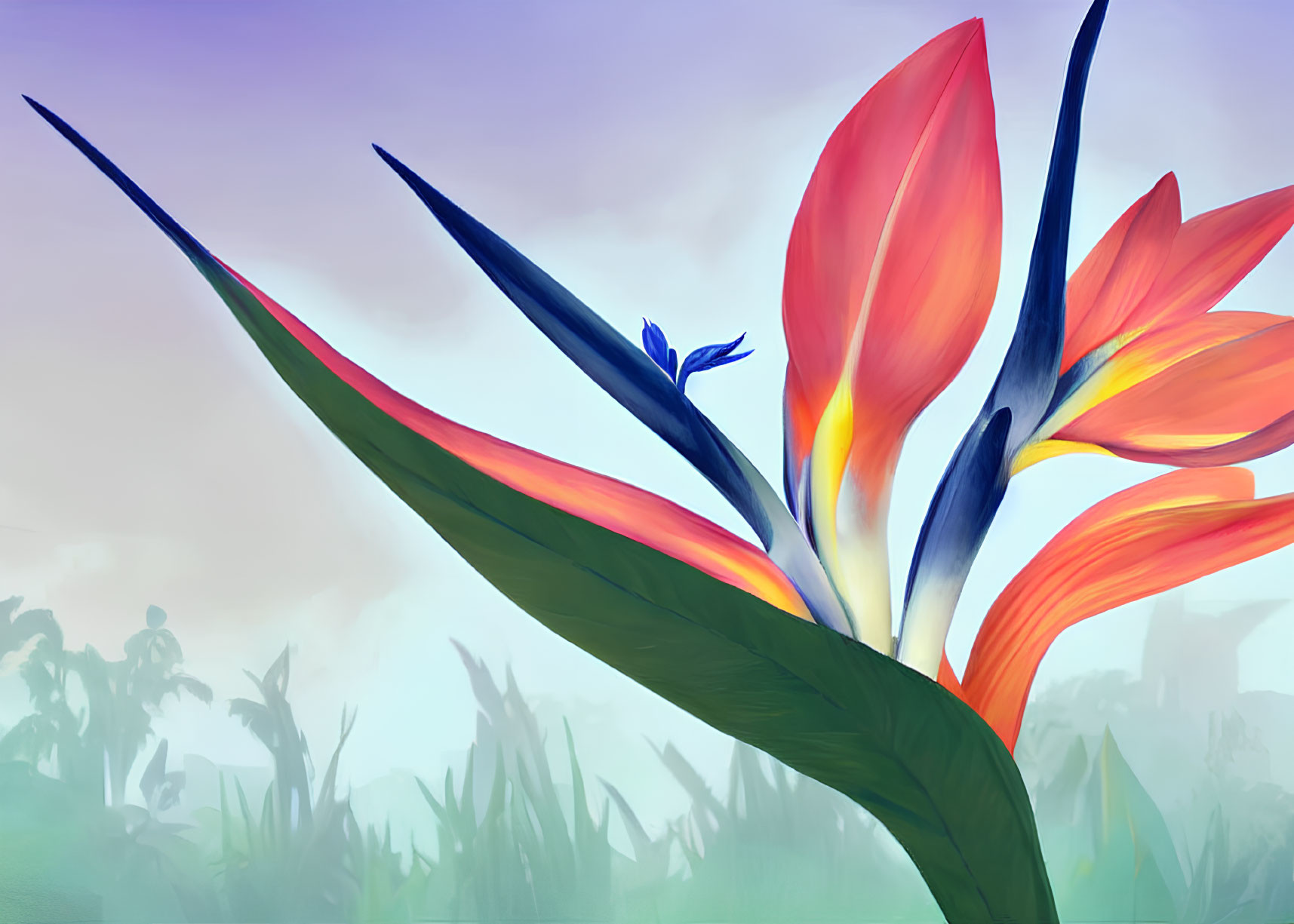 Colorful Bird of Paradise Flower Illustration with Tiny Blue Figure in Tropical Setting