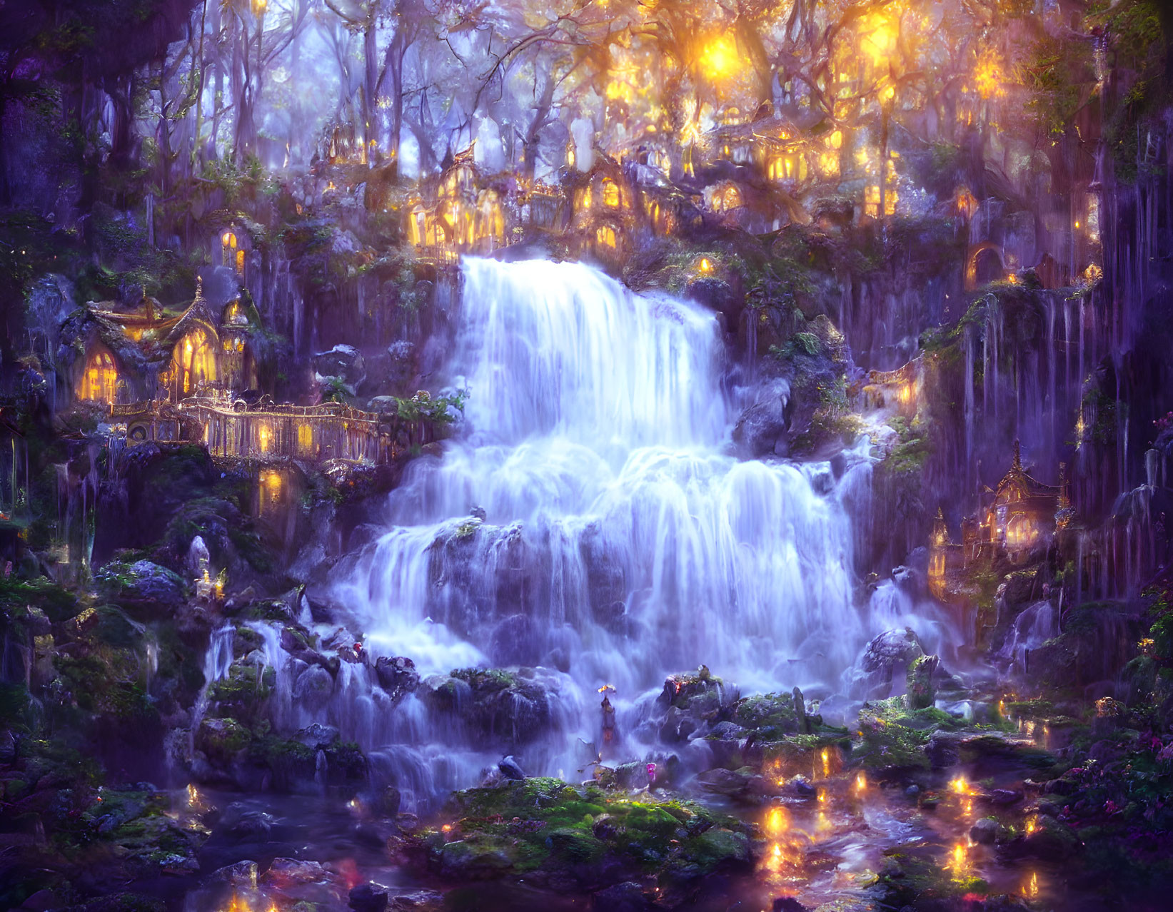 Enchanting forest with waterfall, glowing lights & ethereal structures