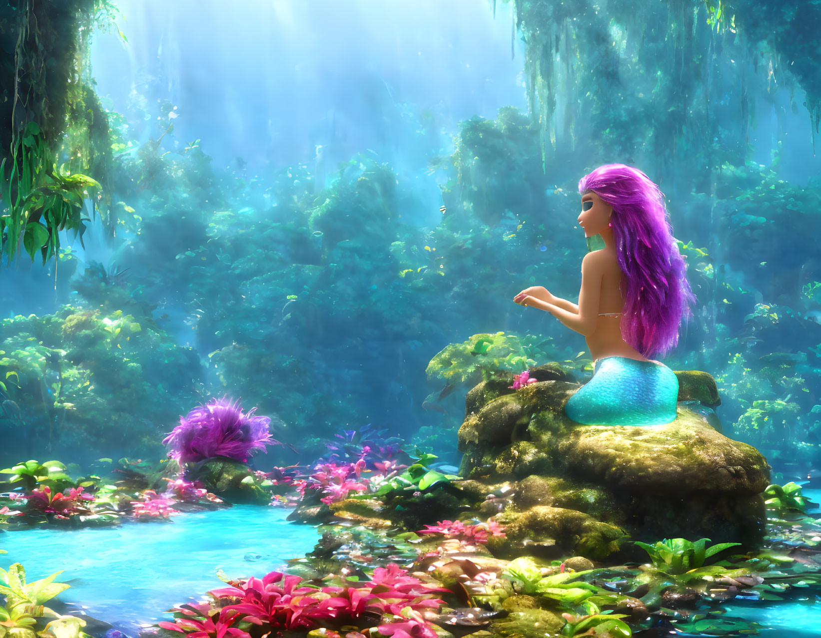 Purple-haired mermaid on rock in mystical forest with colorful flora and serene pond