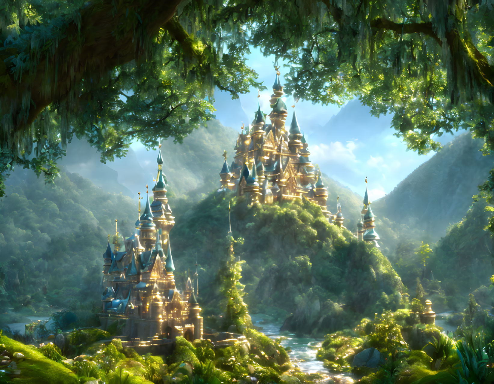 Enchanted castle in lush greenery with sunlight filtering through