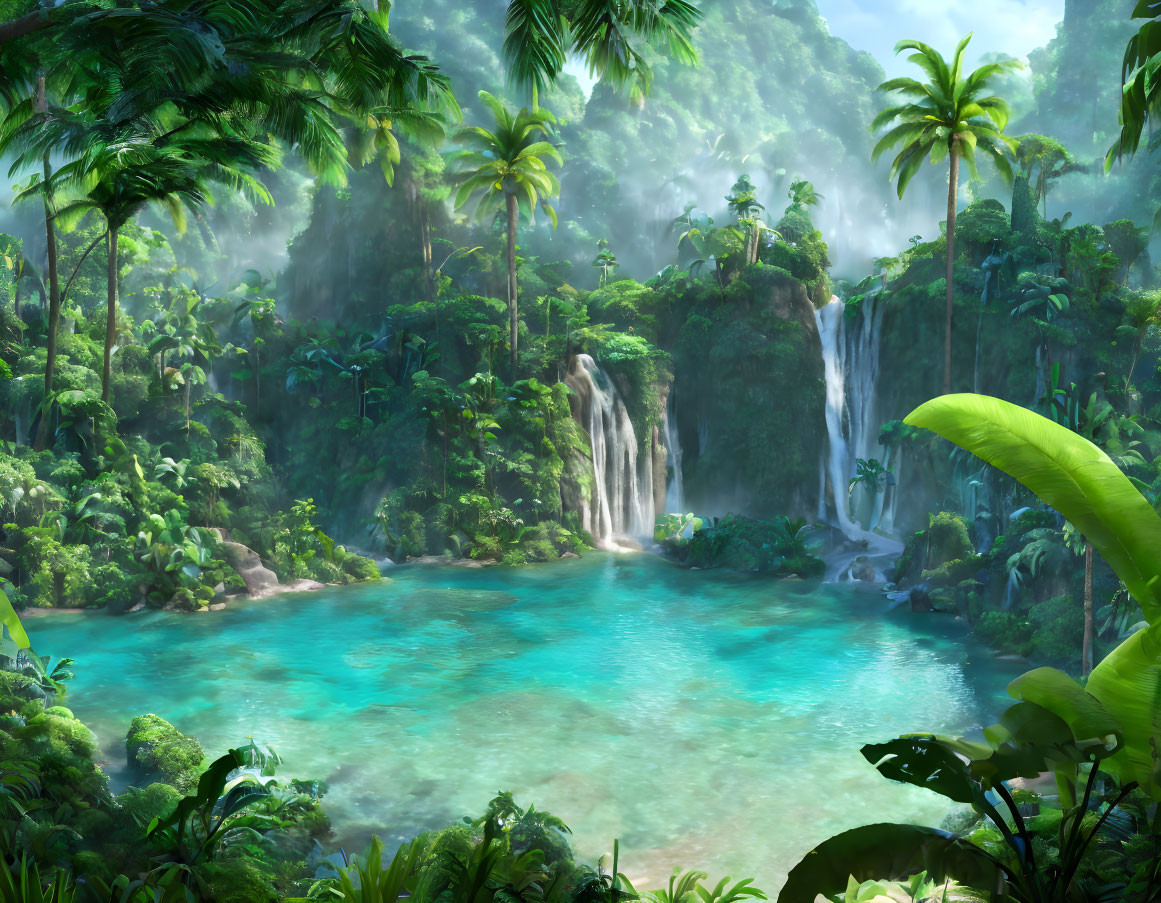 Tropical jungle with waterfall into blue lagoon amid lush greenery