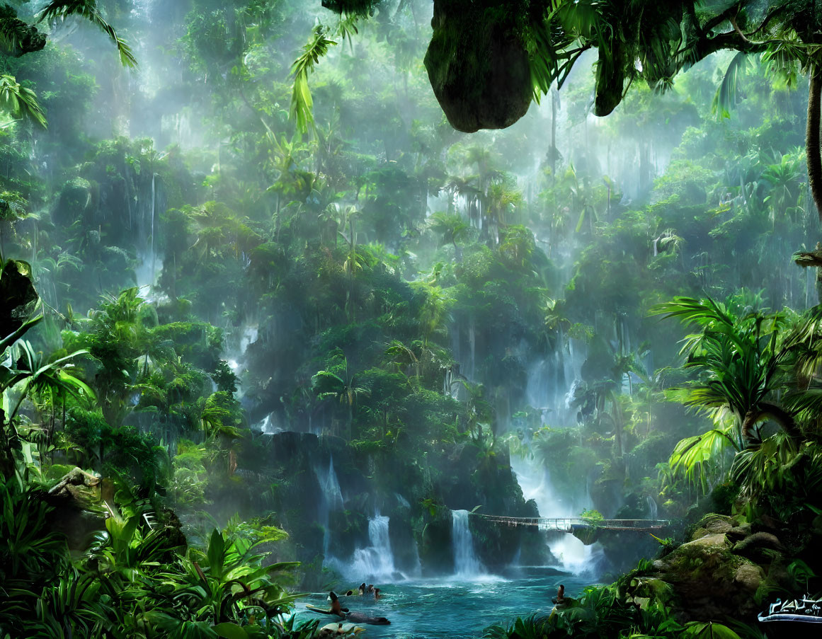 Tropical Rainforest with Waterfalls, Mist, and River