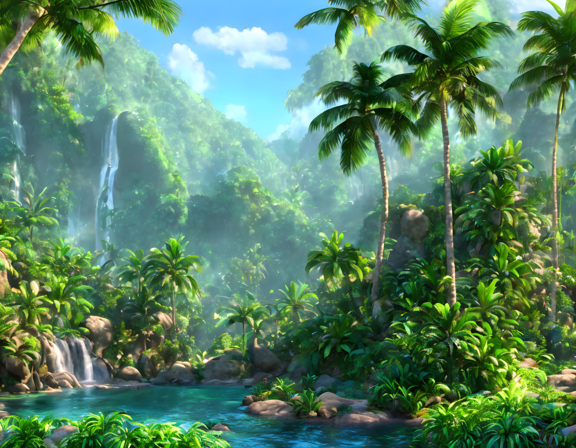 Tropical Forest with Palm Trees, Waterfall, and Blue Pond