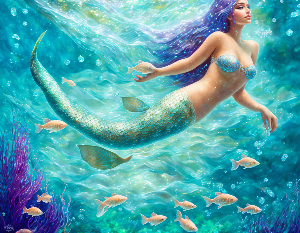 Vibrant mermaid illustration with purple hair and shimmering tail swimming among fish and coral