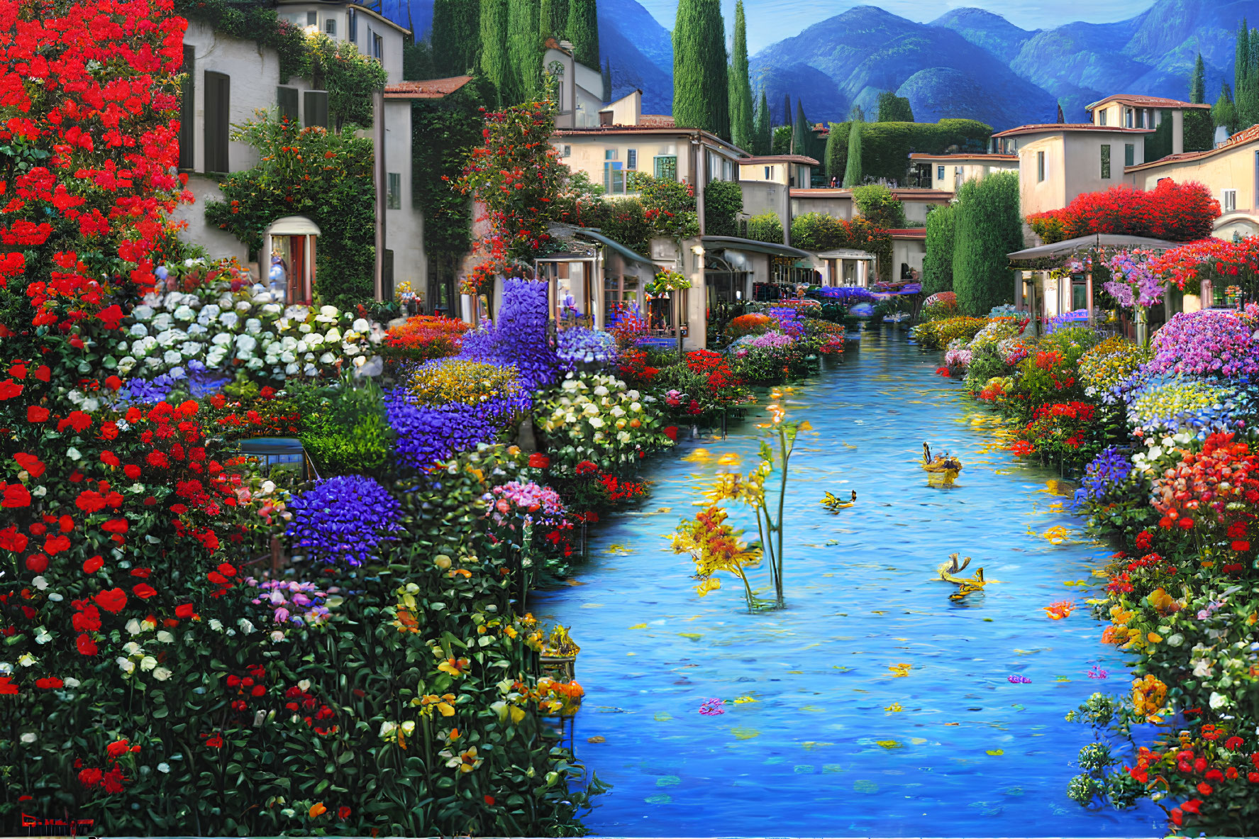 Colorful painting of Venice-like canal with quaint houses, blooming flowers, and swimming ducks