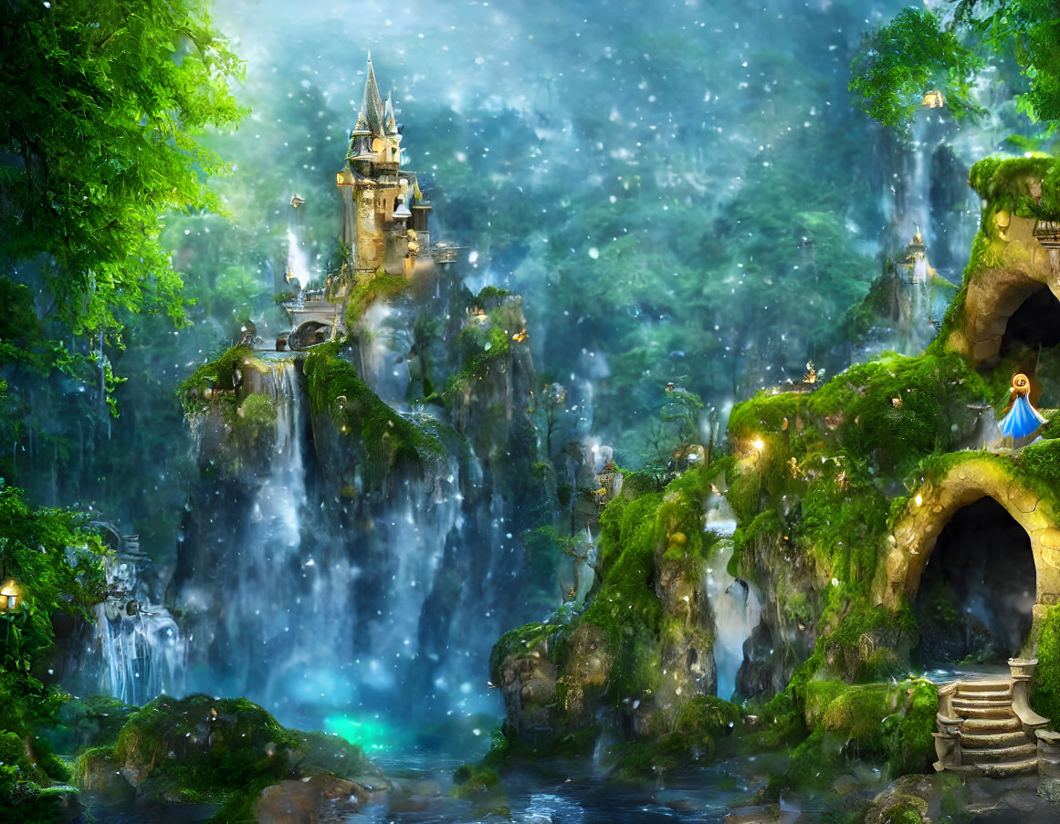 Ethereal fantasy landscape with castle, waterfall, glowing cave, and figure in blue