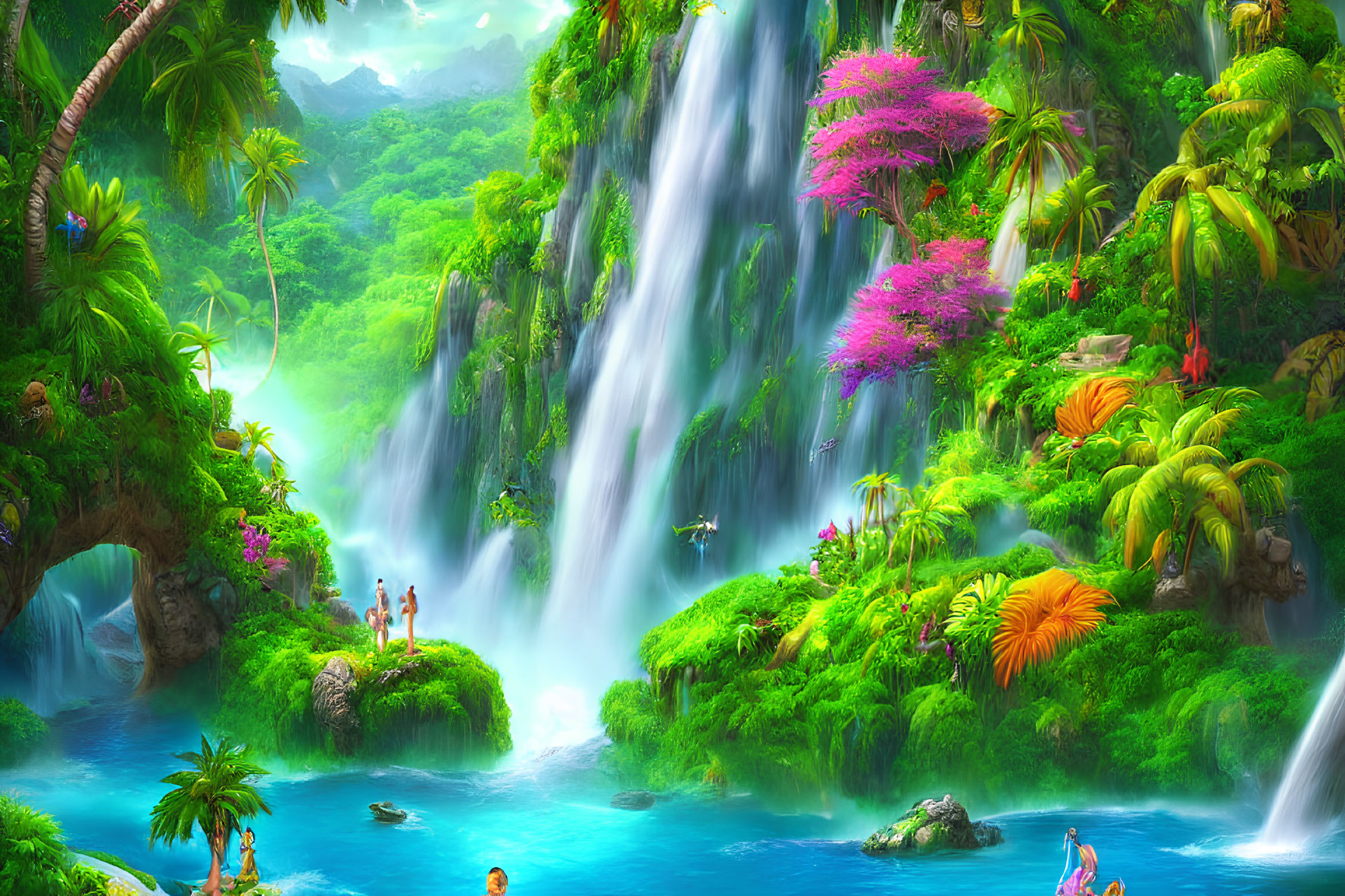 Tropical Waterfall Scene with People and Exotic Plants