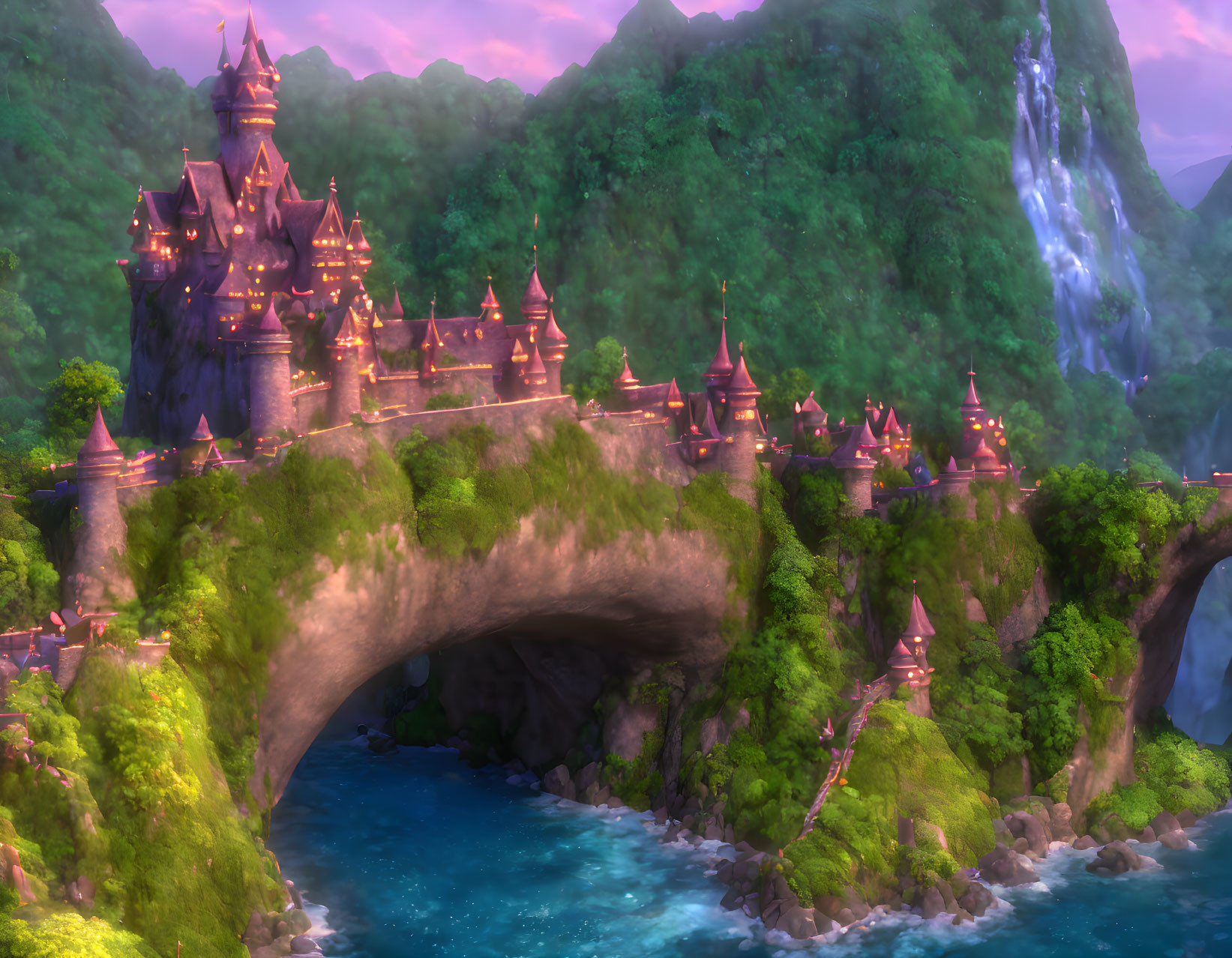 Enchanted castle on lush green cliff with spires, stone bridge, and waterfall